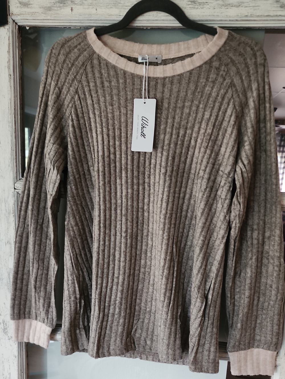 Women's Ribbed Crewneck Sweater - Taupe with Cream Trim Size Medium